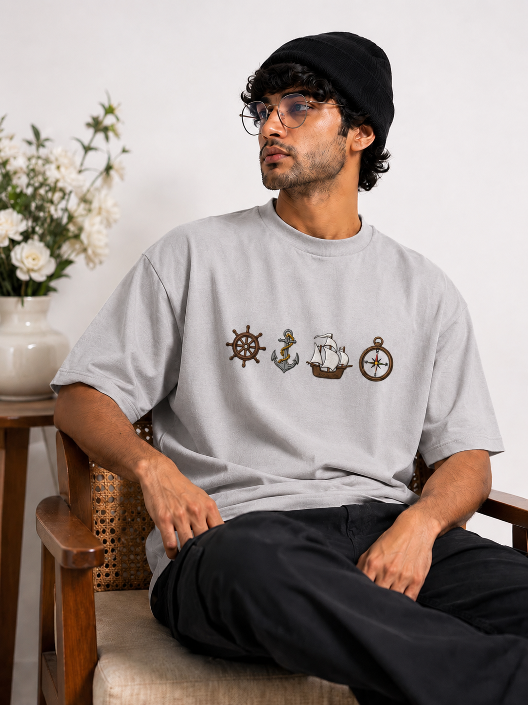 Ship Design Embroidery Oversized T-Shirt for Men & Women In Grey Colour| Premium 100% Cotton Street Wear Teas  | 240 GSM | Unisex Casual Embroidery Design Tee