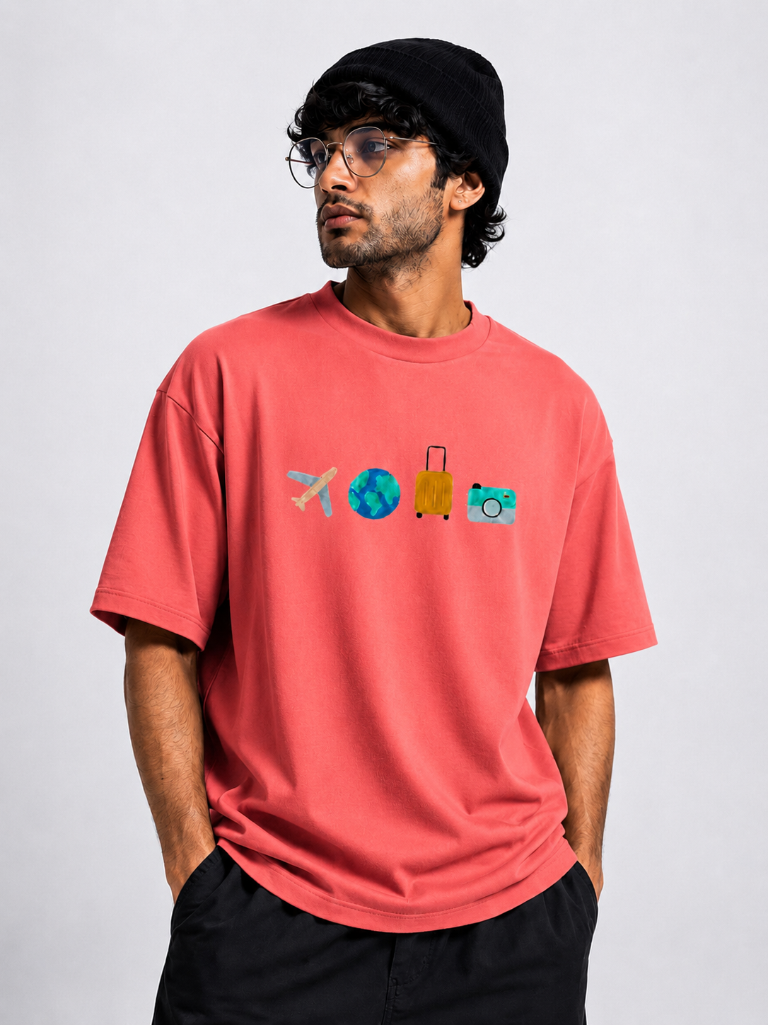 TRAVEL VIBES EMBROIDERY DESIGN UNISEX OVERSIZED PINK T SHIRT FOR MEN AND WOMEN