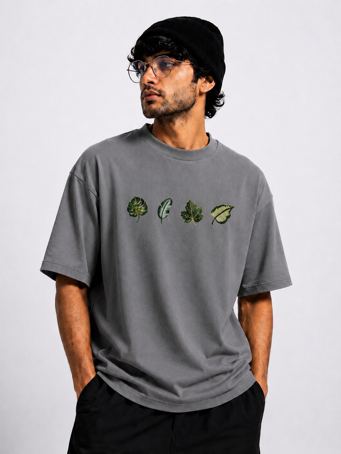 Unisex Oversized Grey Leaf Design Drop Shoulder T-Shirt | Premium  Leaf Embroidery Design Loose Fit Casual Tee for Men & Women