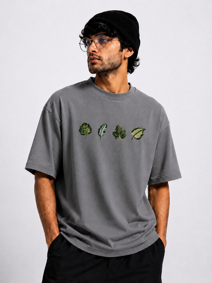 Unisex Oversized Grey Leaf Design Drop Shoulder T-Shirt | Premium  Leaf Embroidery Design Loose Fit Casual Tee for Men & Women