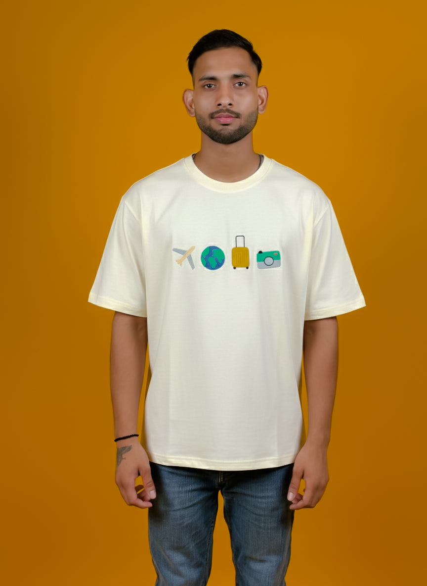 TRAVEL VIBES EMBROIDERY DESIGN UNISEX OVERSIZED OFF WHITE T SHIRT FOR MEN AND WOMEN