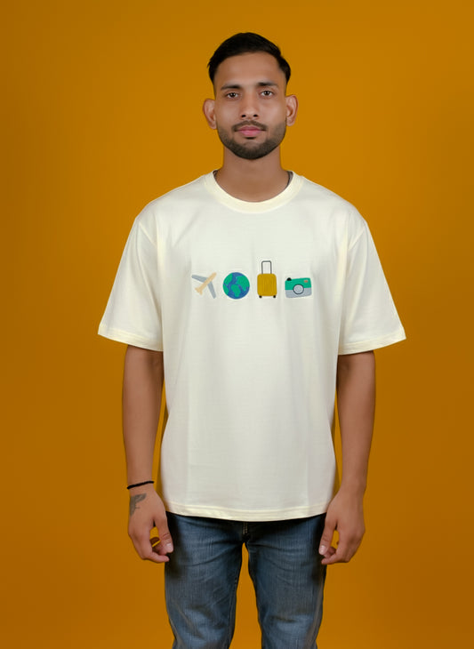 TRAVEL VIBES EMBROIDERY DESIGN UNISEX OVERSIZED OFF WHITE T SHIRT FOR MEN AND WOMEN