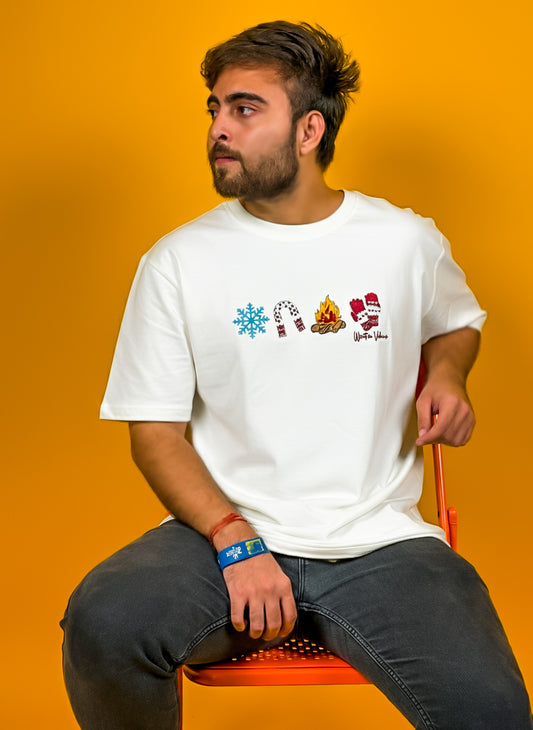 WINTER VIBES EMBROIDERY DESIGN UNISEX OVERSIZED  OFF WHITE  T SHIRT