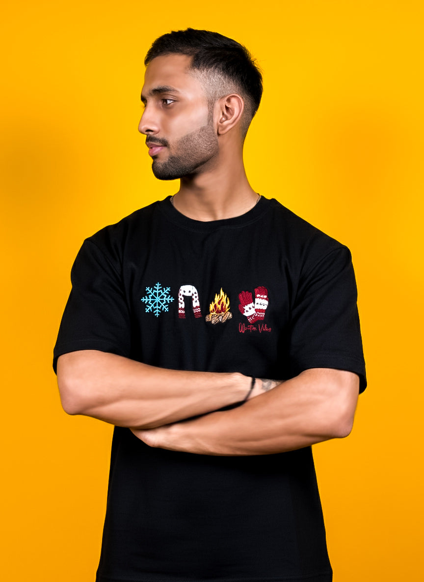 WINTER VIBES EMBROIDERY DESIGN UNISEX OVERSIZED  BLACK T SHIRT